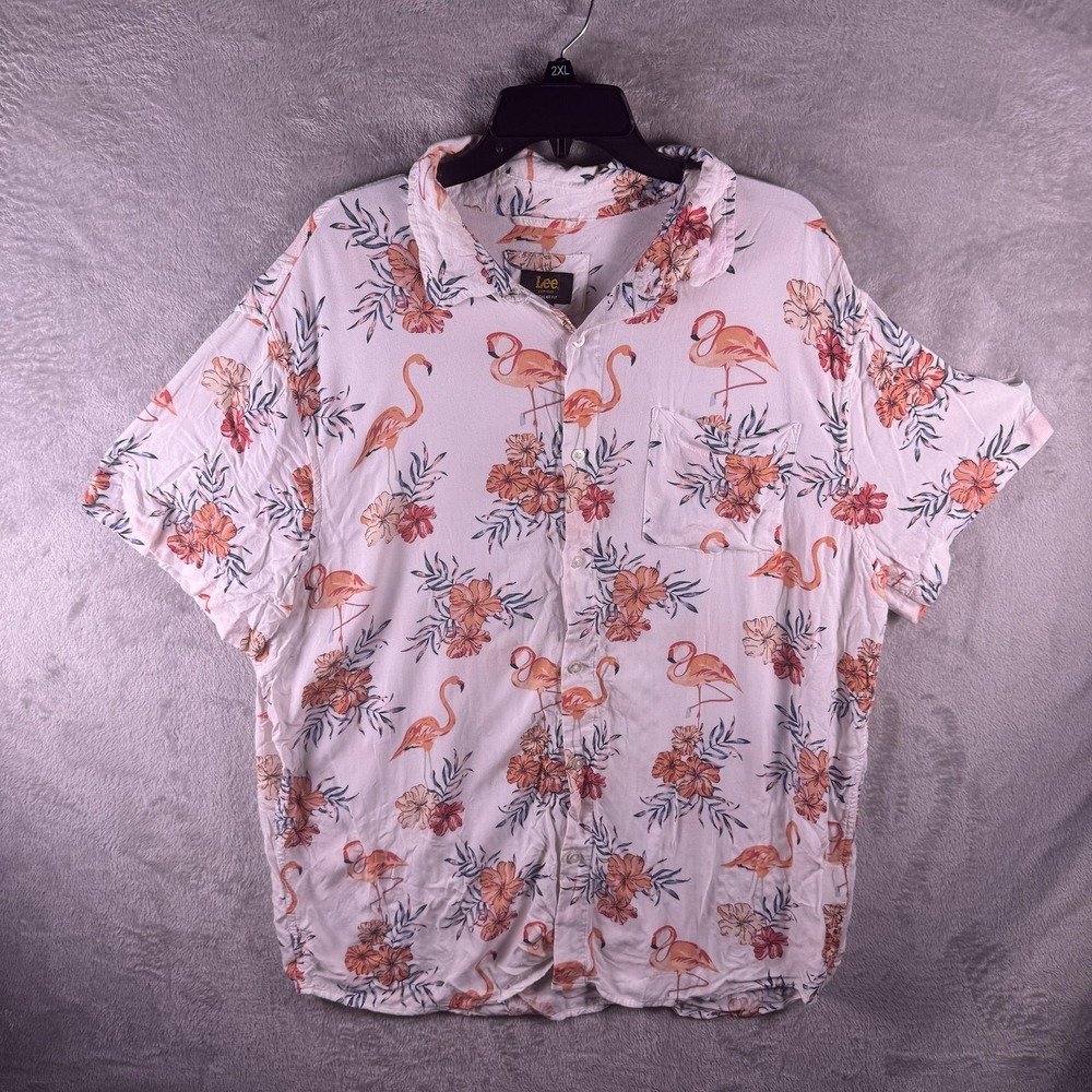 Lee Shirt Mens 2XL White Flamingo Hawaiian Button Up Short Sleeve Casual